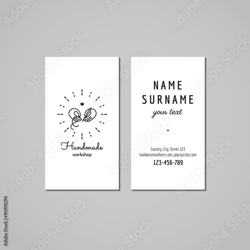 Handmade workshop business card design concept. Handmade workshop logo with hands holding needle and thread with crown. Vintage, hipster and retro style. Black and white.