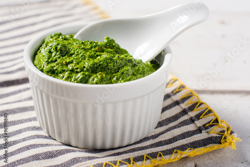 Fresh healthy Spinach pesto seeds raw photo