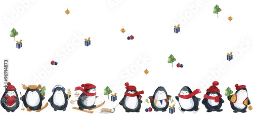 Seamless watercolor pattern.Cute little penguins preparing for Christmas.