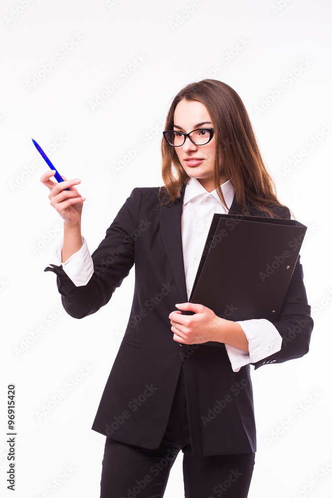 Young and attractive business woman in glasses isolated on white. Thinking and successful look. Young and attractive business woman in glasses isolated on white. Thinking and successful look.