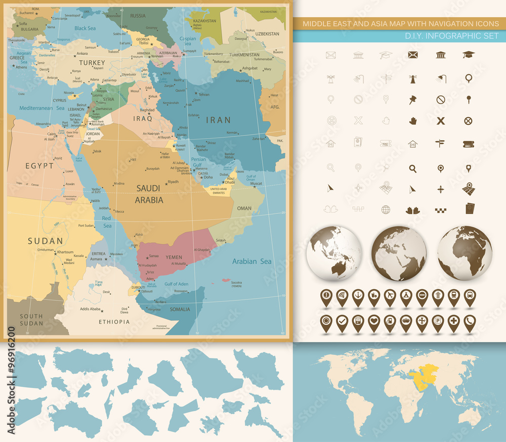 Middle East And West Asia Map Vintage Colors Stock Vector | Adobe Stock