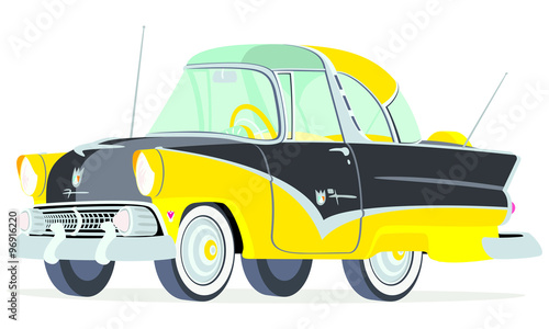Caricatura Ford Fairline Crown Victoria amarillo y negro vista frontal y lateral