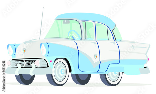 Caricatura Ford Fairline Town Sedan azul y blanco vista frontal y lateral