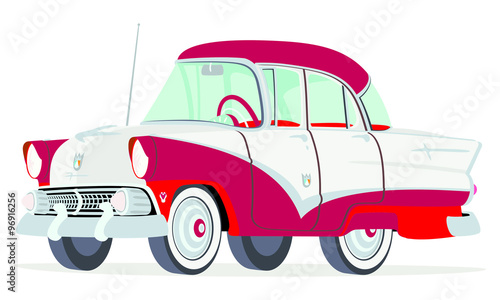 Caricatura Ford Fairline Town Sedan rojo y blanco vista frontal y lateral