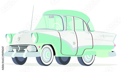 Caricatura Ford Fairline Town Sedan verde y blanco vista frontal y lateral