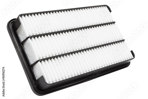 Flat engine air filter in a plastic case on a white background