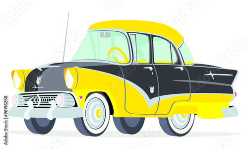 Caricatura Ford Fairline Town Sedan amarillo y negro vista frontal y lateral