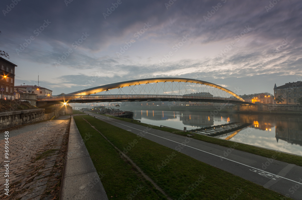 Bernatka footbridge over Vistula river in Krakow early morning