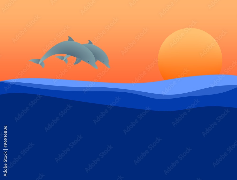 Fototapeta premium Summer landscape with a sunset with two jumping dolphins above the sea surface with waves with orange sun and orange sky