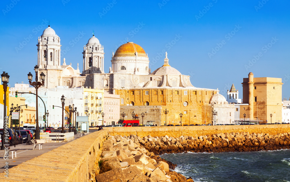  view of  Cathedral and  ocean coast. Cadiz