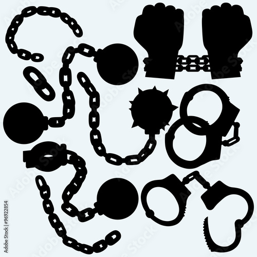 Hands chained in a chain, metal shackles and handcuffs. Isolated on blue background. Vector silhouettes