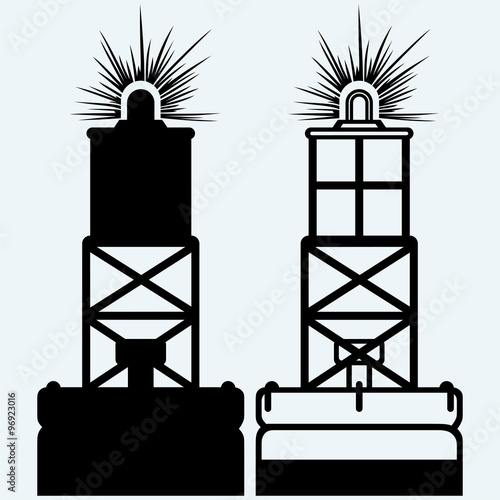 Warning buoy off the coast. Isolated on blue background. Vector silhouettes