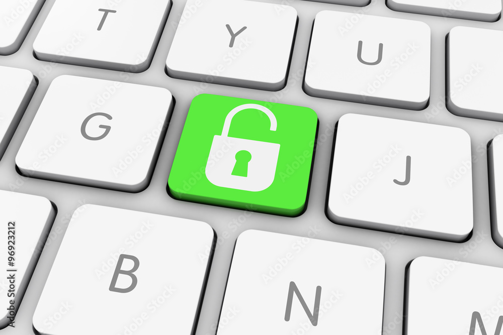 Green Unlocked Padlock Icon Computer Key on White Keyboard Green Unlocked Padlock Icon Computer Key on White Keyboard