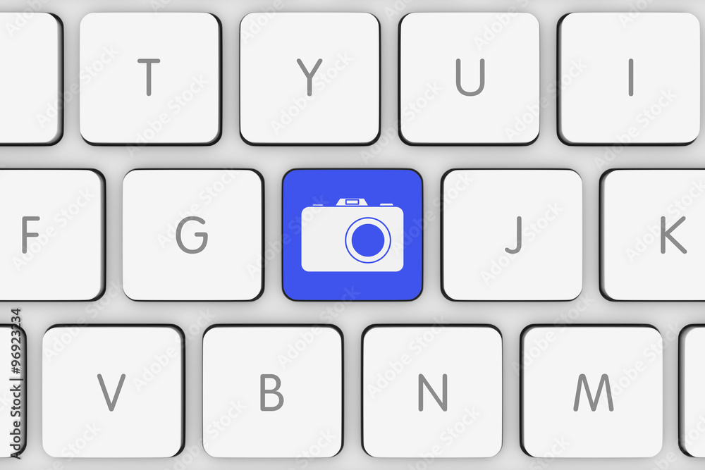 Blue Photo Icon Button on White Computer Keyboard