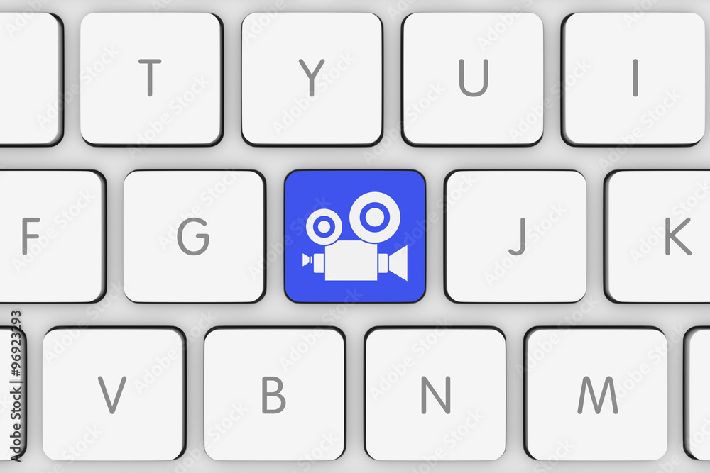 Blue Video Camera Icon Button on White Computer Keyboard