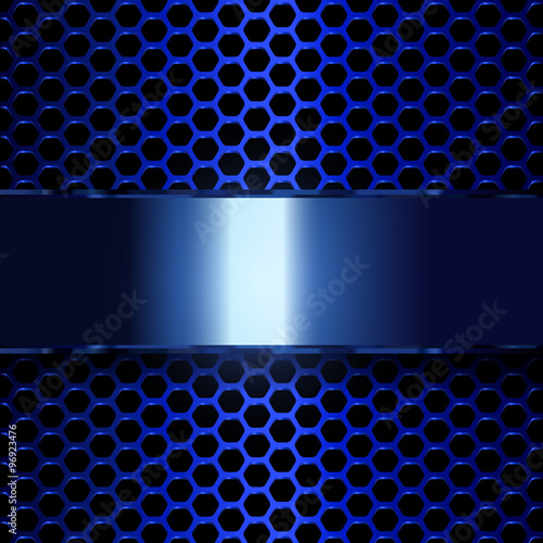 Geometric pattern of hexagons with blue metallic banner
