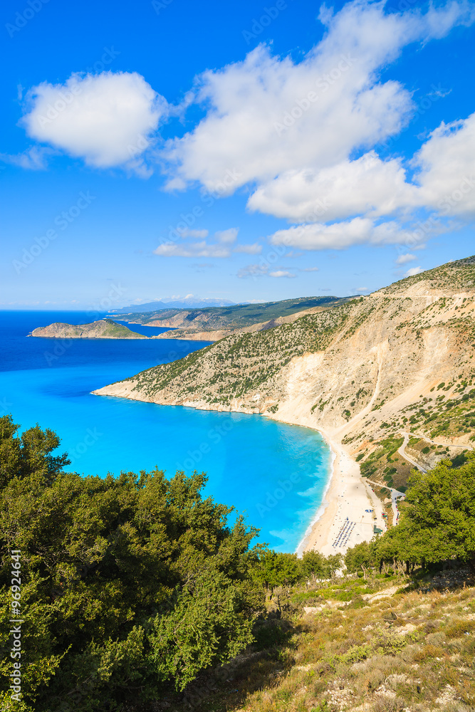 Azure sea water of beautiful Myrtos bay and beach on Kefalonia island, Greece