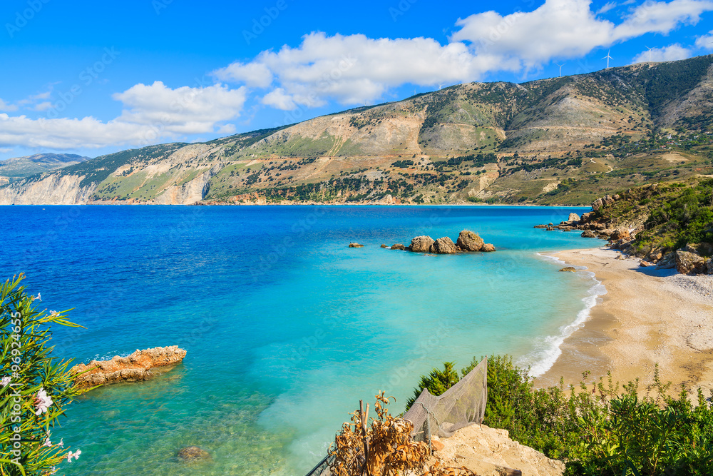 View of beautiful Vouti beach and bay with mountains near Zola village, Kefalonia island, Greece