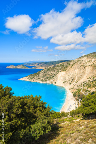 Azure sea water of beautiful Myrtos bay and beach on Kefalonia island  Greece