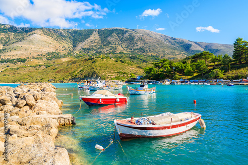 Colorful Greek fishing boats in Zola port, Kefalonia island, Greece