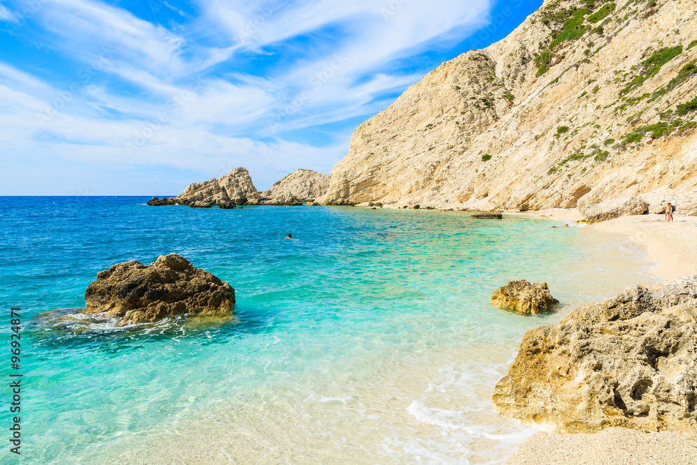 View of beautiful beach with rock cliffs on Kefalonia island, Greece