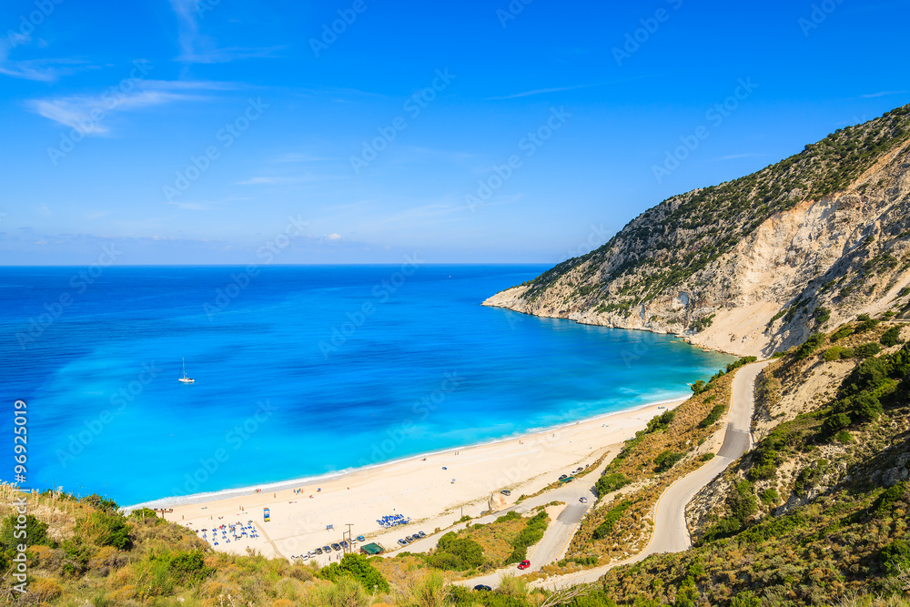 View of beautiful Myrtos bay road to beach on Kefalonia island, Greece