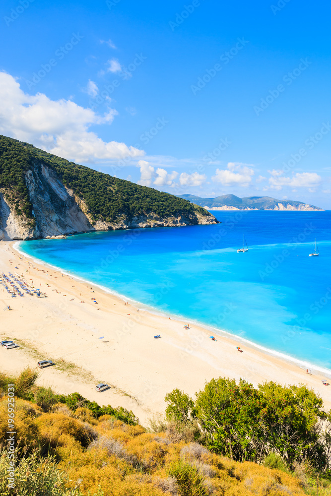 View of Myrtos beach and blue sea, Kefalonia island, Greece