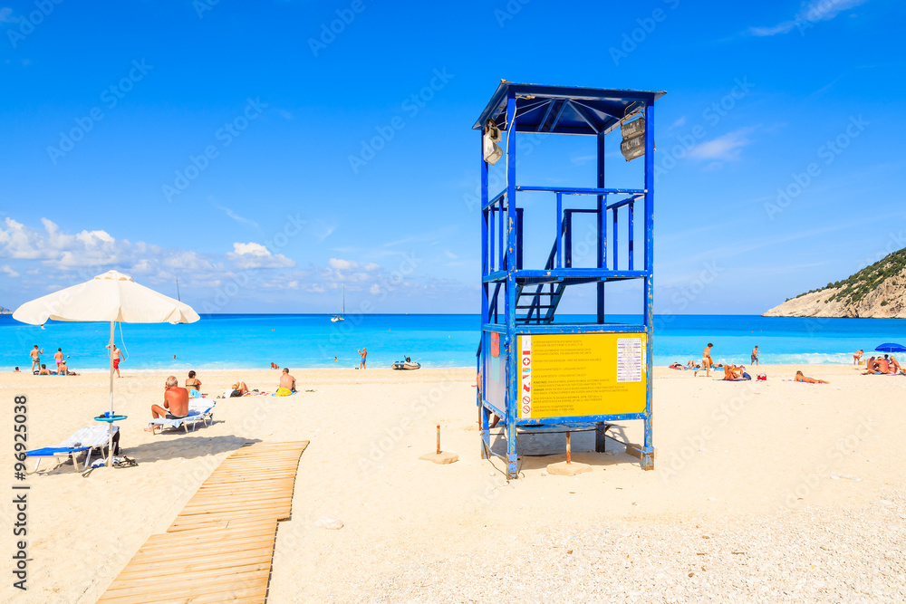Fototapeta premium Lifeguard tower on beautiful Myrtos beach, Kefalonia island, Greece