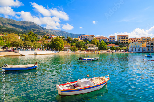 Greek fishing boats on sea in beautiful bay  Assos village  Kefalonia island  Greece