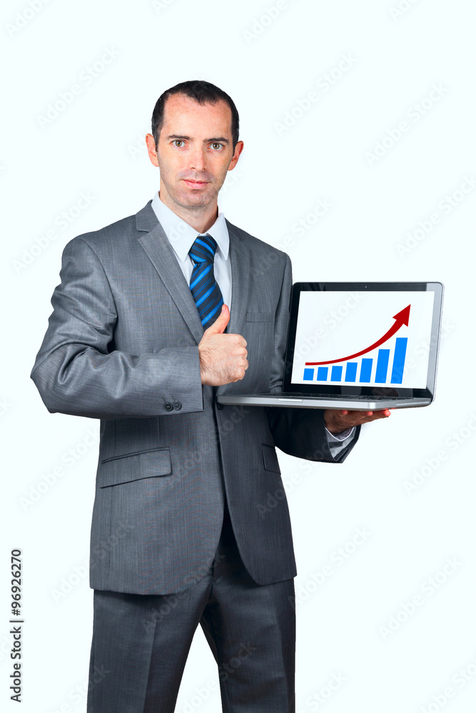 Business man show his laptop screen Business man show his laptop screen