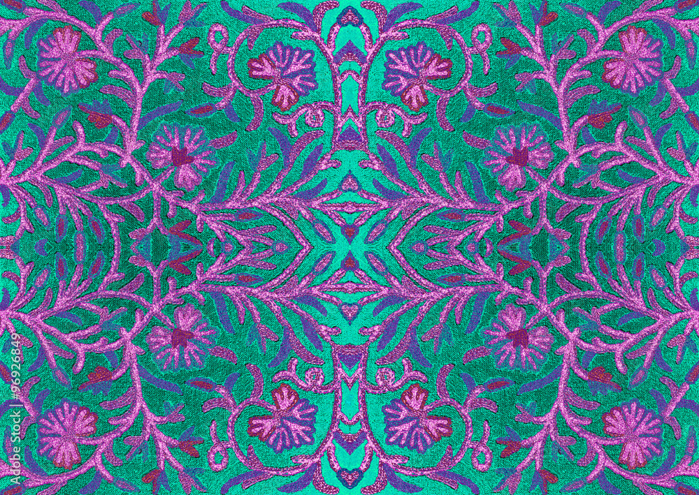 .Bright embroidered coat pattern on the fabric, Asia .Bright embroidered coat pattern on the fabric, Asia