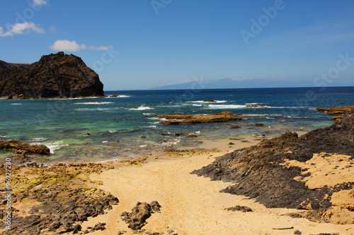 Island Porto Santo. View on the island Madeira after Atlantic Ocean.