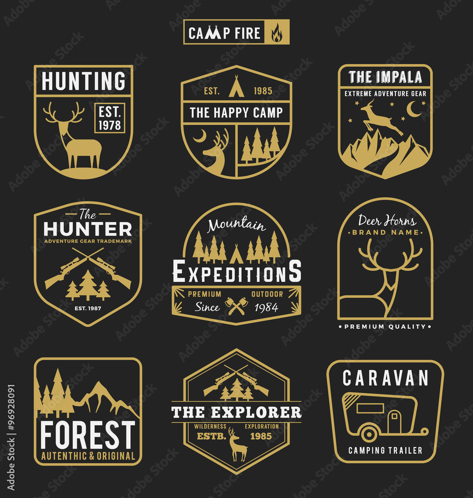 Set of camping outdoor and adventure gears badge logo, emblem logo, label design. Vector illustration