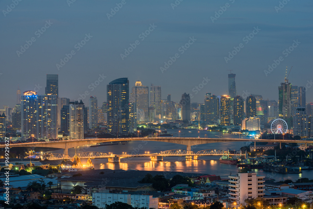 Bangkok cityscape from top view with river, Thailand