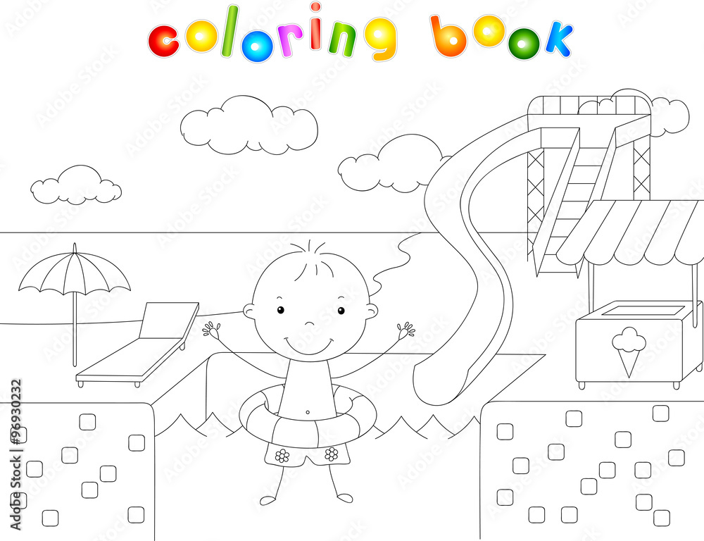 Boy with a rubber ring in the water park swimming pool. Coloring Boy with a rubber ring in the water park swimming pool. Coloring