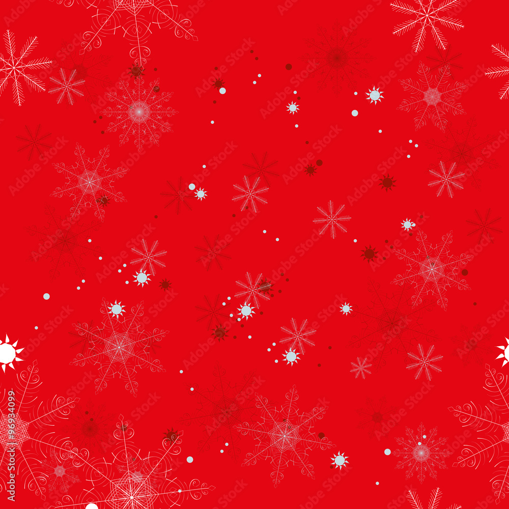 Seamless pattern of beautiful white snowflakes on a red background.