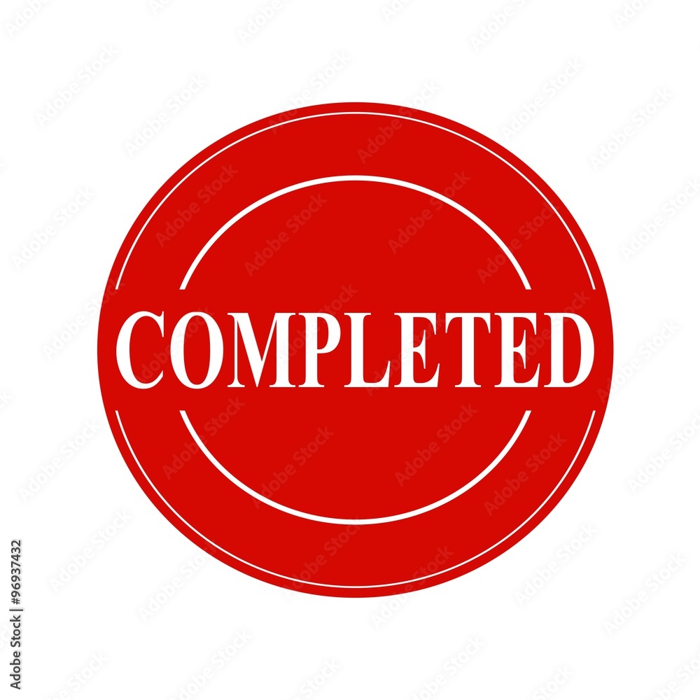 COMPLETED white stamp text on circle on red background COMPLETED white stamp text on circle on red background