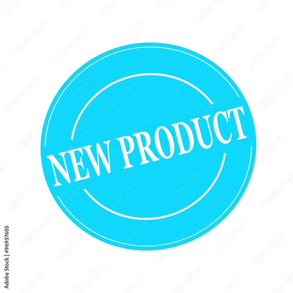 New product white stamp text on circle on blue background New product white stamp text on circle on blue background