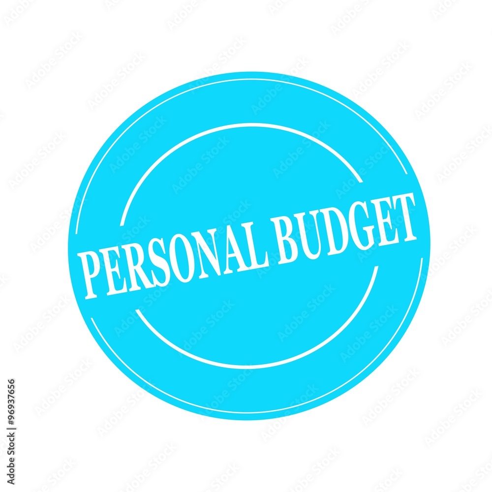 PERSONAL BUDGET white stamp text on circle on blue background PERSONAL BUDGET white stamp text on circle on blue background