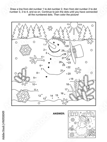 Winter, New Year or Christmas themed connect the dots picture puzzle and coloring page - snowman. Answer included.
