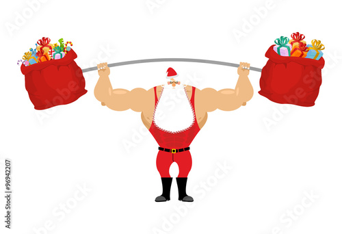 Strong Santa Claus holding barbell and gift bag. Sports for Chri