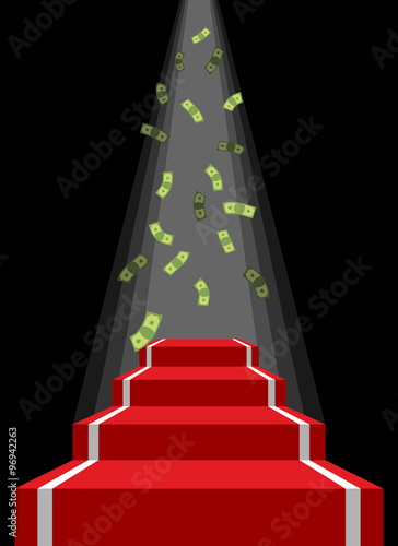 Red carpet and rain of money. Falling dollars for winner. Presta