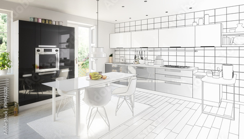 Entwurf einer  klassischen Wohnküche mit moderner Innenausstattung - 3D Visualisierung