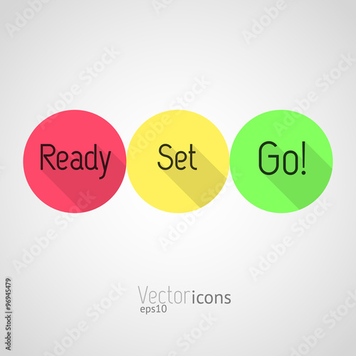 Countdown - Ready, Set, Go! Colorful vector icons. Flat style design with long shadows.