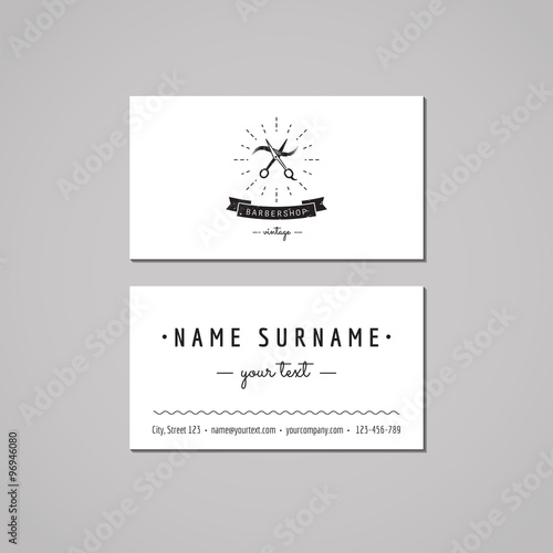 Barbershop business card design concept. Barbershop logo with scissors and a hair strand. Vintage, hipster and retro style. Black and white. Hair salon business card.