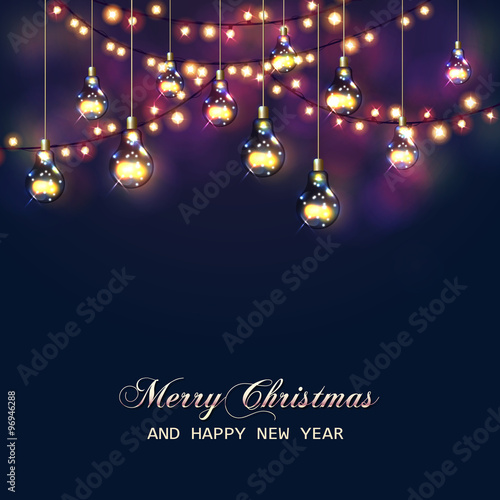 Christmas card with festive garland lights and light bulbs. Vector illustration