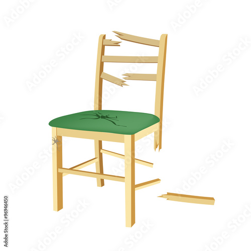 Broken wooden chair with green seat