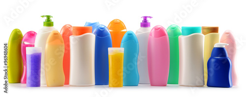 Canvas Print Plastic bottles of body care and beauty products over white