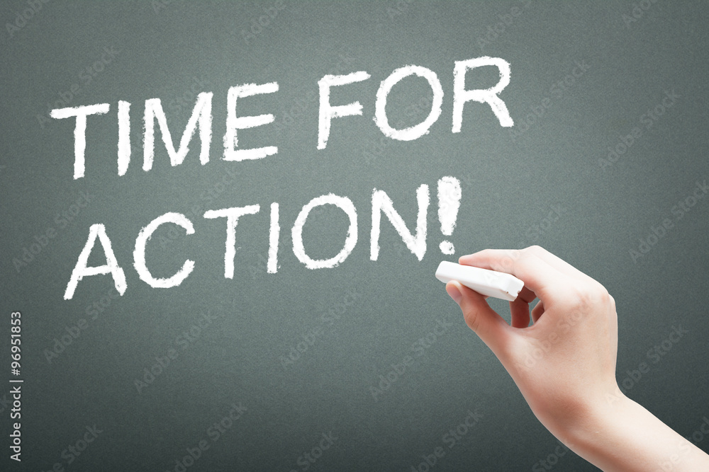 Hand writing with chalk time for action concept