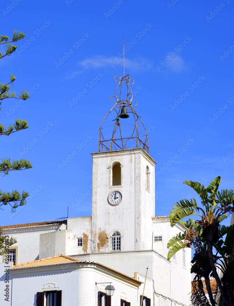 Albufeira, Algarve, Portugal - October 26, 2015 : .The historical bell tower of Torre de Relogio in Albufeira old town